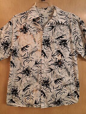 Mens Island Shores Hawaiian‎ Shirt White Black Tan Brown Leaves  100% Cotton
